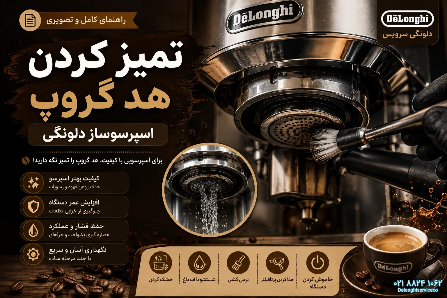 تمیز کردن هد گروپ اسپرسوساز دلونگی